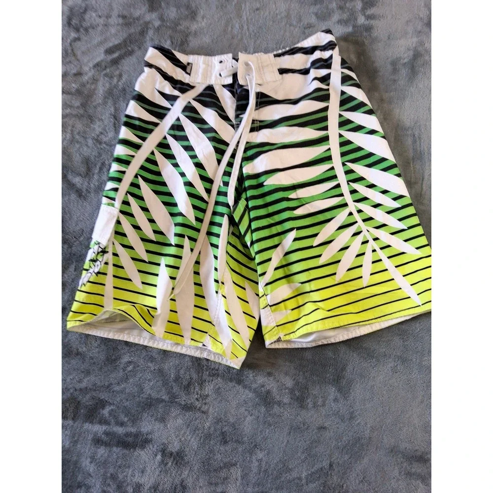 No Fear Mens Tropical Palm Stripe Board Shorts Green Yellow Swim‎ Trunk Med. Y2K